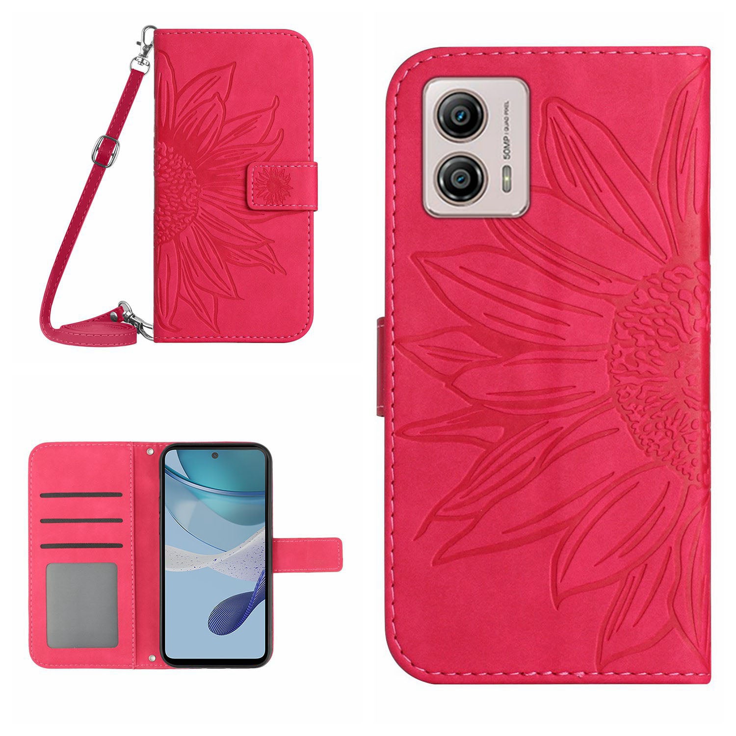 HT04 Stand Wallet Cover for Motorola Moto G53 5G Sunflower Imprinted PU Leather Case with Shoulder Strap HT04 Stand Wallet Cover for Motorola Moto G53 5G Sunflower Imprinted PU Leather Case with Shoulder Strap